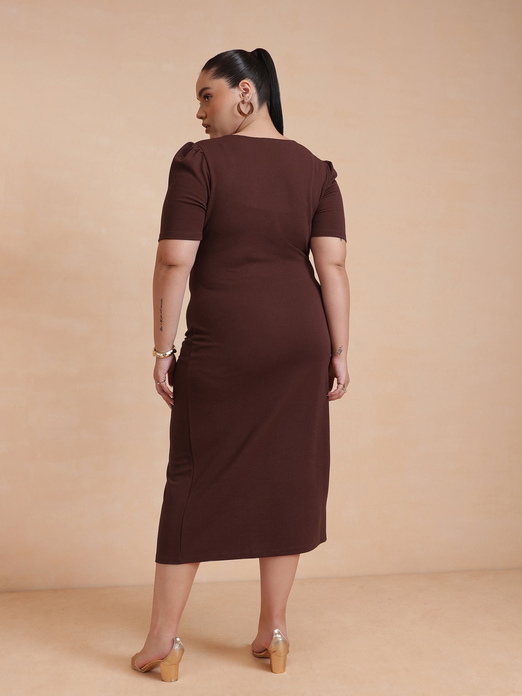 Women Brown Side Button Bodycon Dress