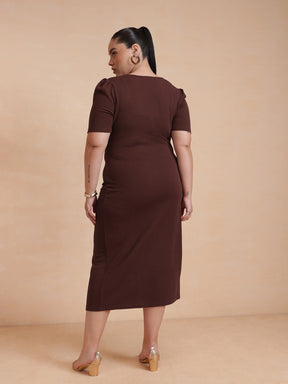 Women Brown Side Button Bodycon Dress