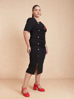 Black Side Button Bodycon Dress-SASSAFRAS Curve