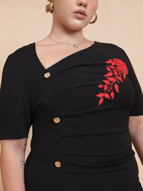 Black Side Button Bodycon Dress-SASSAFRAS Curve