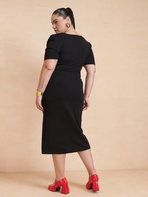 Black Side Button Bodycon Dress-SASSAFRAS Curve