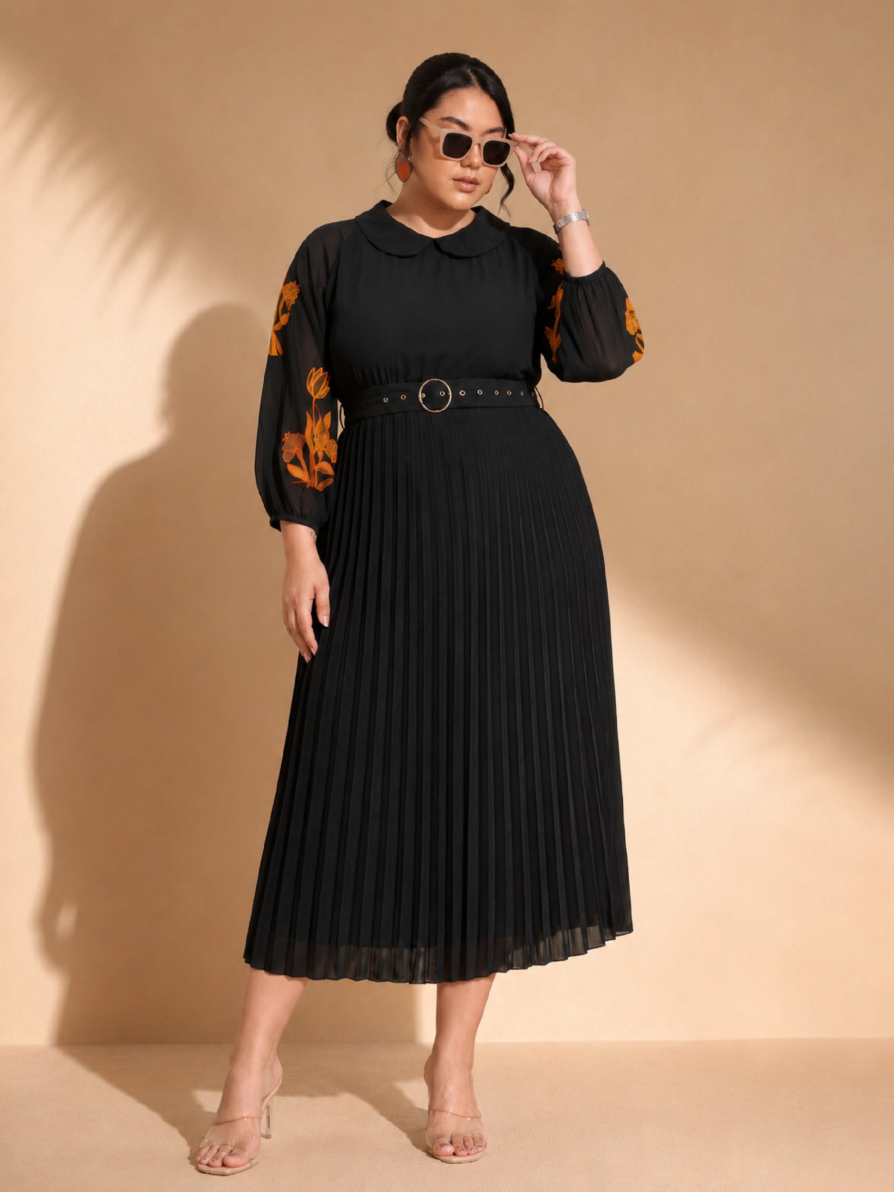 Black Embroidered PeterPan Pleated Midi Dress-SASSAFRAS Curve