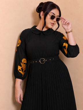 Black Embroidered PeterPan Pleated Midi Dress-SASSAFRAS Curve