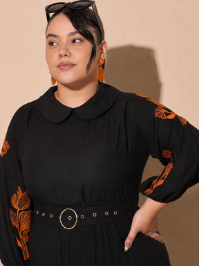Black Embroidered PeterPan Pleated Midi Dress-SASSAFRAS Curve