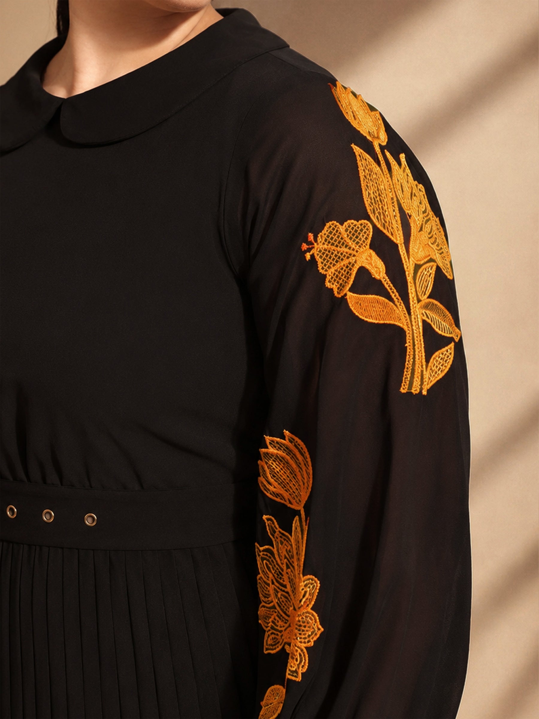 Black Embroidered PeterPan Pleated Midi Dress-SASSAFRAS Curve
