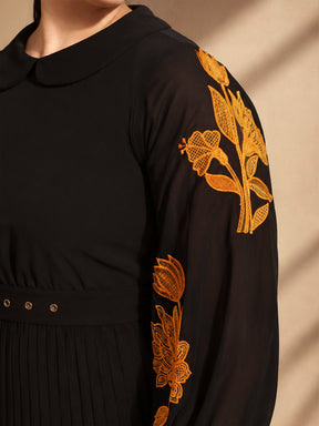 Black Embroidered PeterPan Pleated Midi Dress-SASSAFRAS Curve