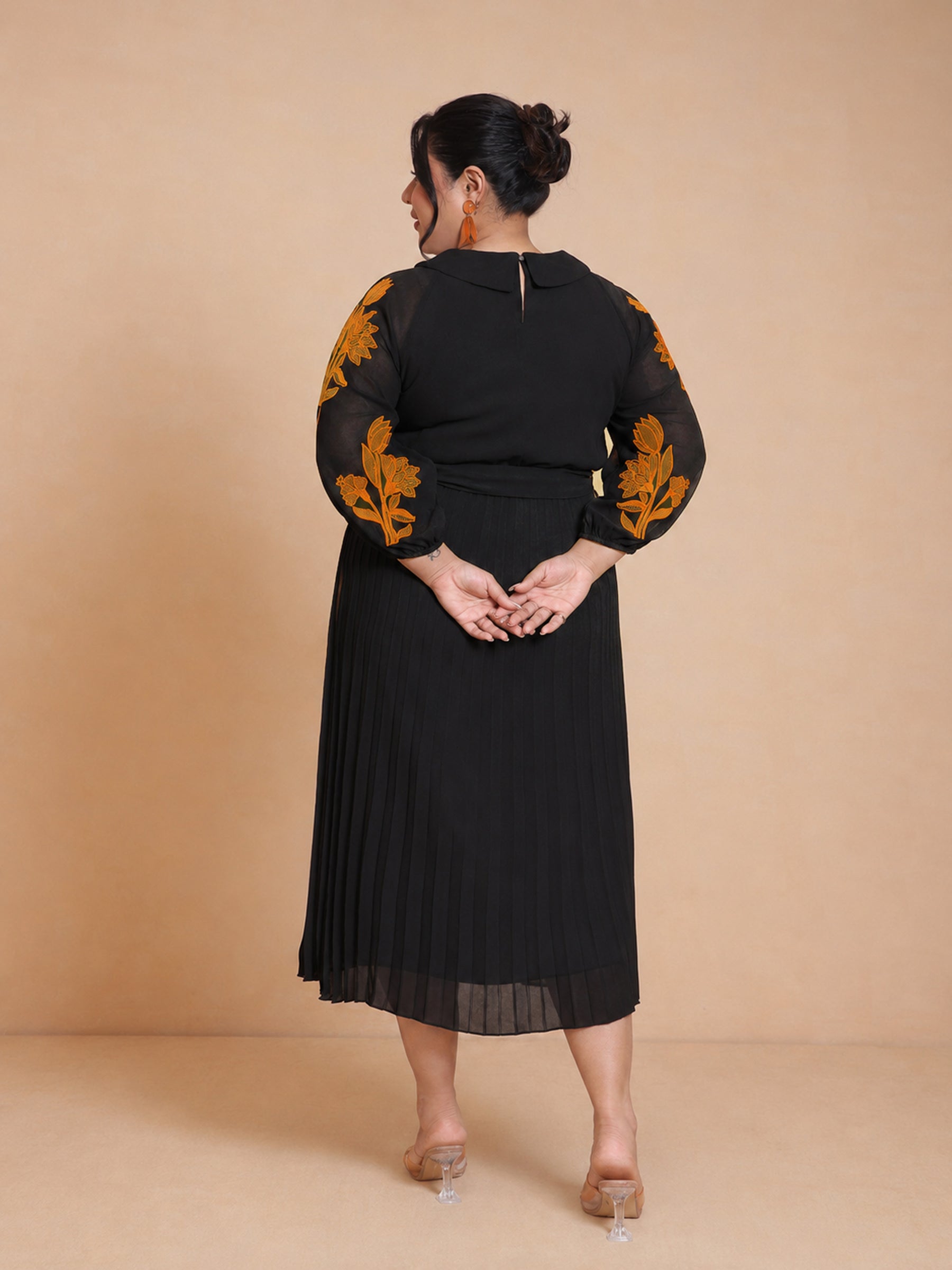 Women Black Embroidered PeterPan Pleated Midi Dress