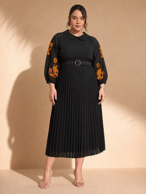 Women Black Embroidered PeterPan Pleated Midi Dress
