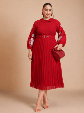 Red Embroidered PeterPan Pleated Midi Dress-SASSAFRAS Curve