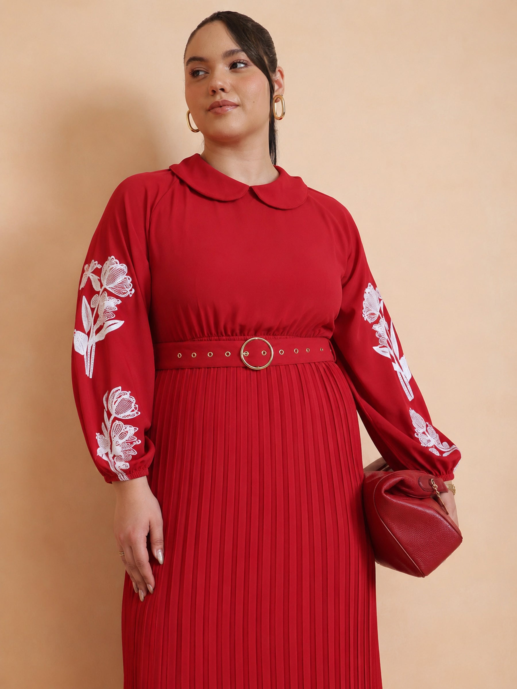 Red Embroidered PeterPan Pleated Midi Dress-SASSAFRAS Curve
