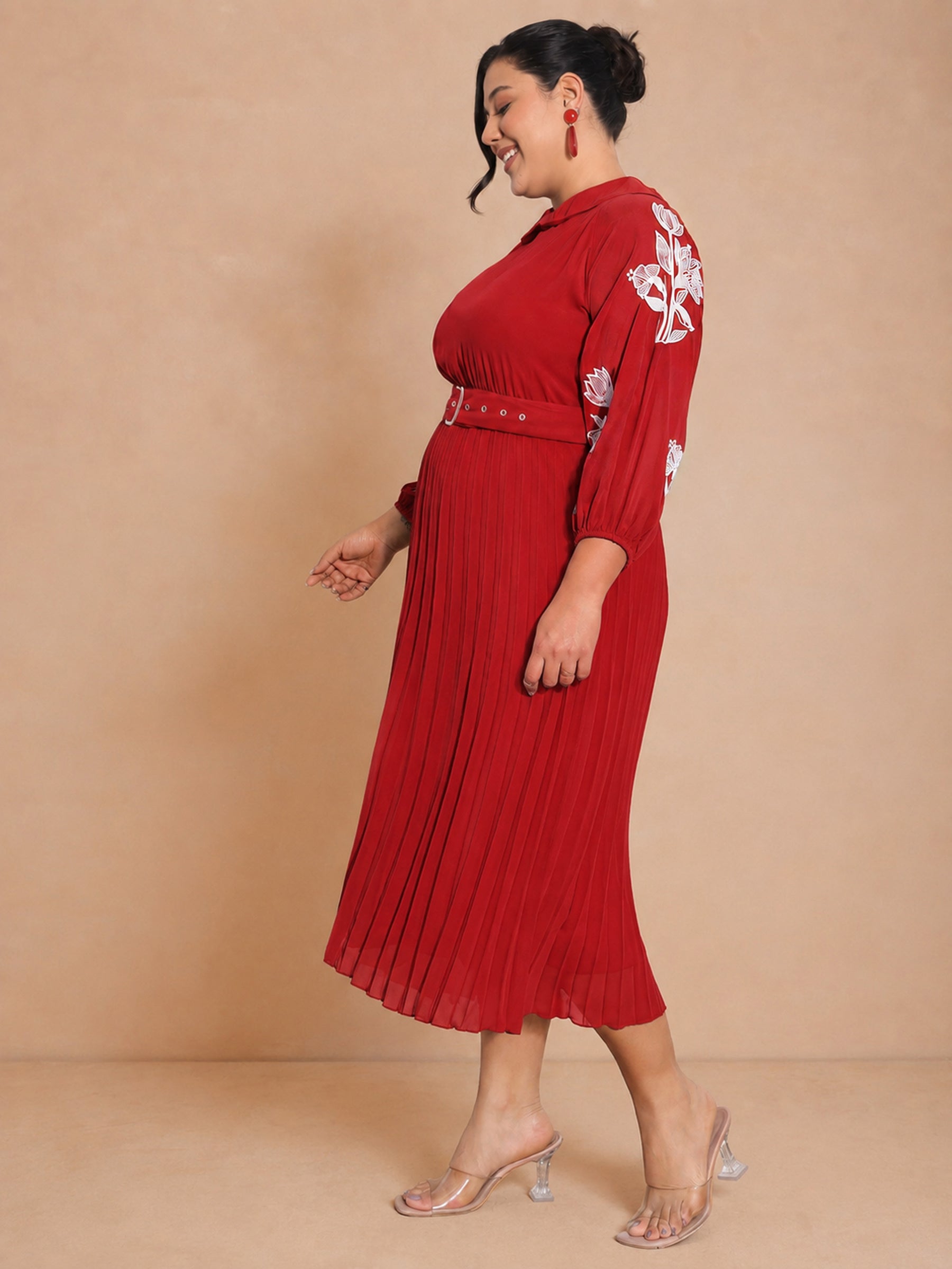 Red Embroidered PeterPan Pleated Midi Dress-SASSAFRAS Curve