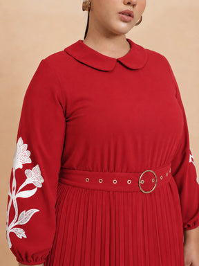 Red Embroidered PeterPan Pleated Midi Dress-SASSAFRAS Curve