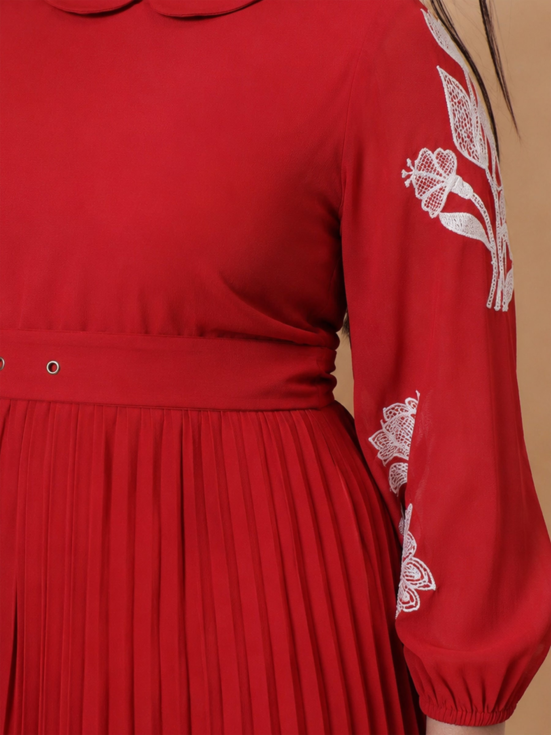 Red Embroidered PeterPan Pleated Midi Dress-SASSAFRAS Curve