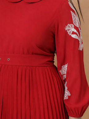 Red Embroidered PeterPan Pleated Midi Dress-SASSAFRAS Curve