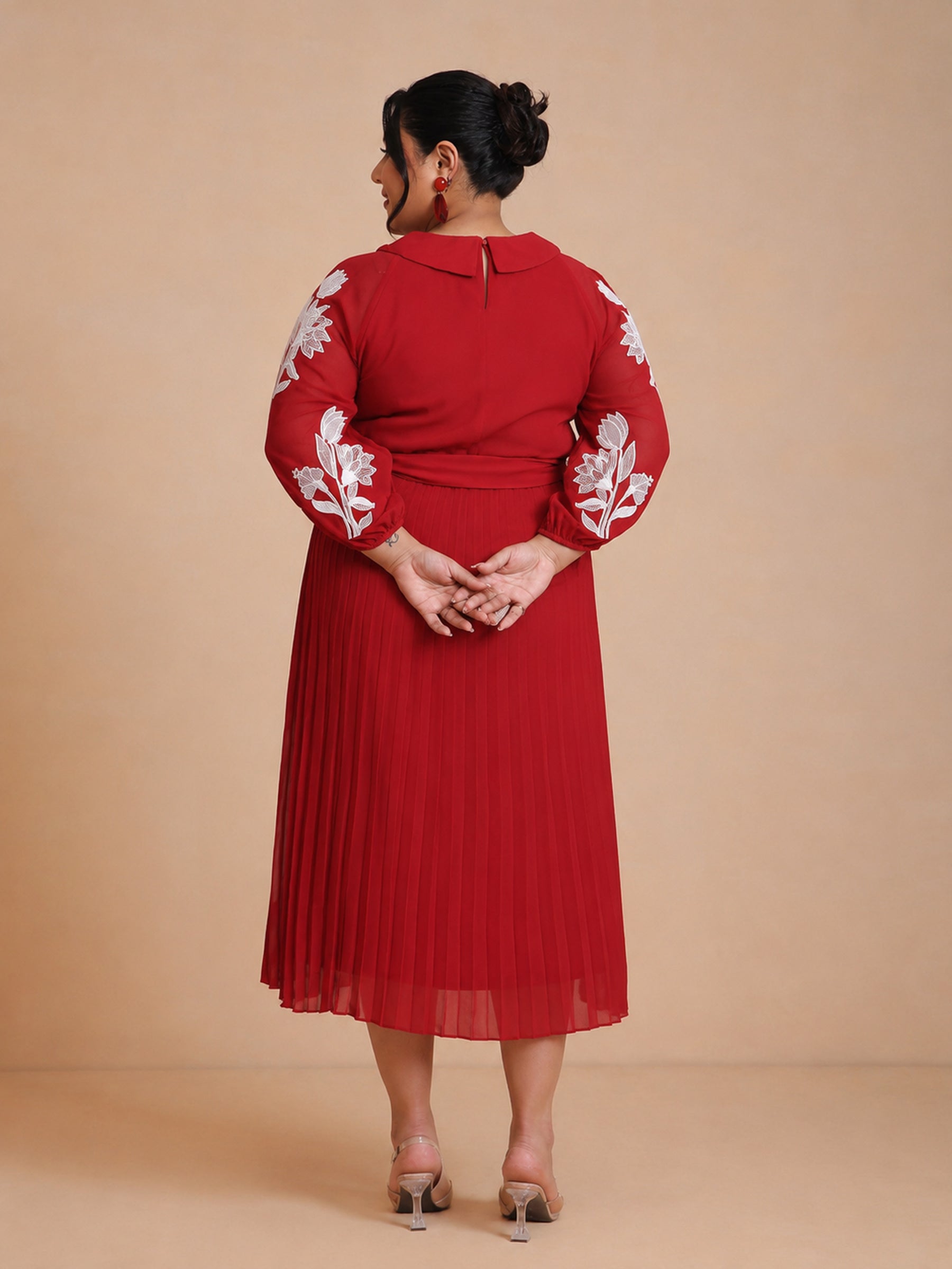 Women Red Embroidered PeterPan Pleated Midi Dress