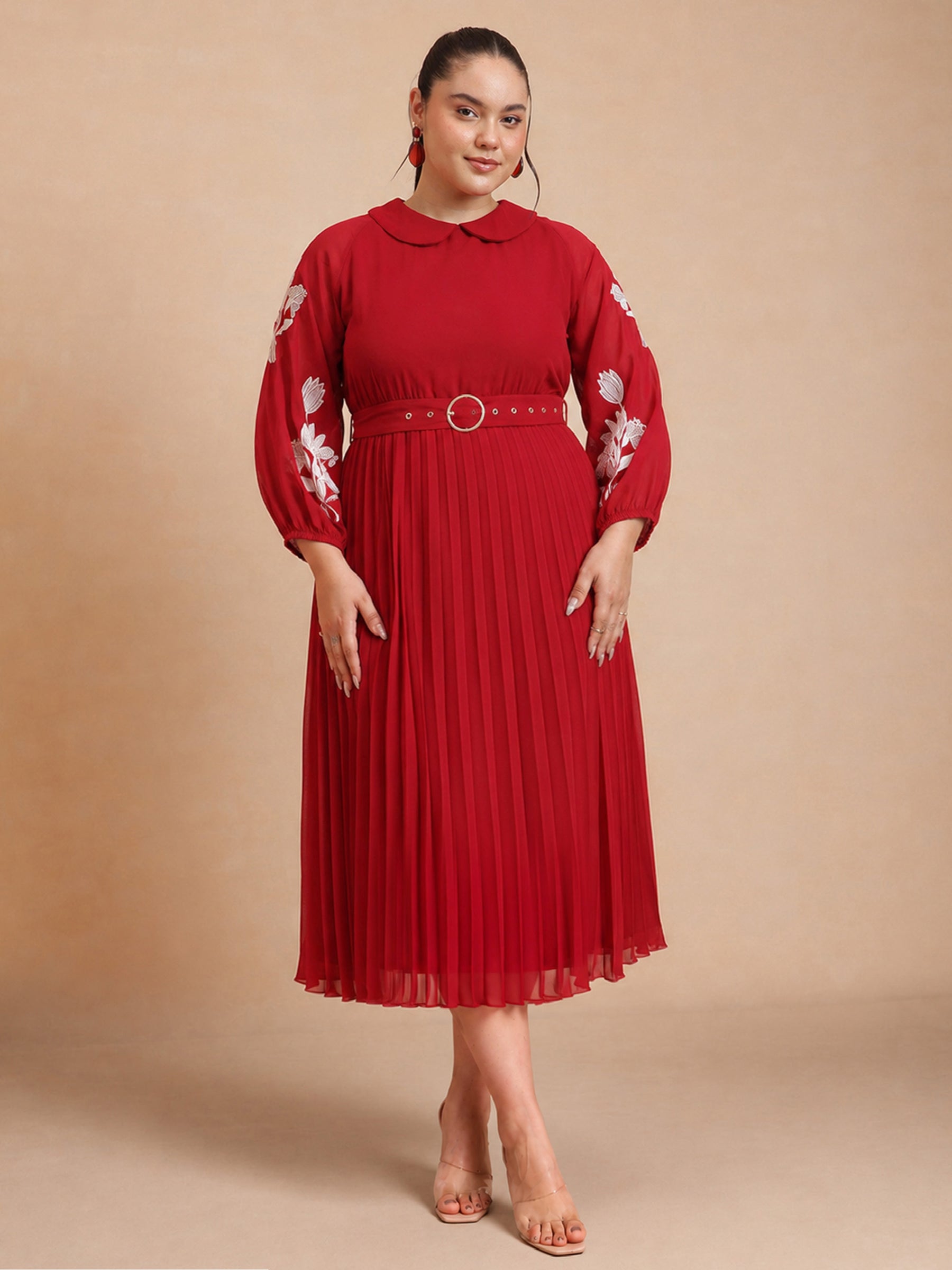 Women Red Embroidered PeterPan Pleated Midi Dress