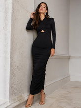 Black Waist Cutout Ruched Bodycon Midi Dress-SASSAFRAS