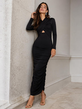 Black Waist Cutout Ruched Bodycon Midi Dress-SASSAFRAS