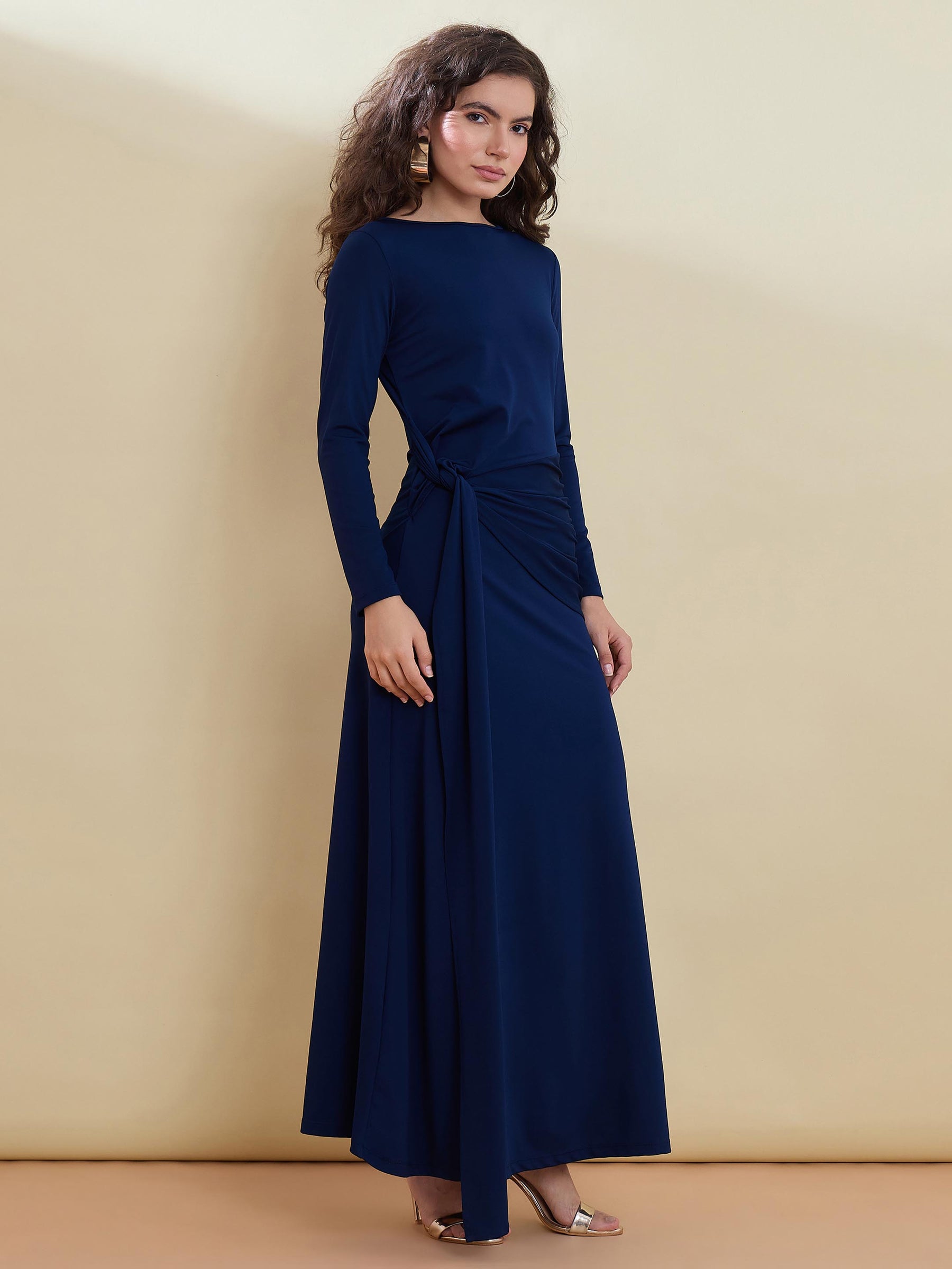 Navy Knot Front Maxi Dress-SASSAFRAS