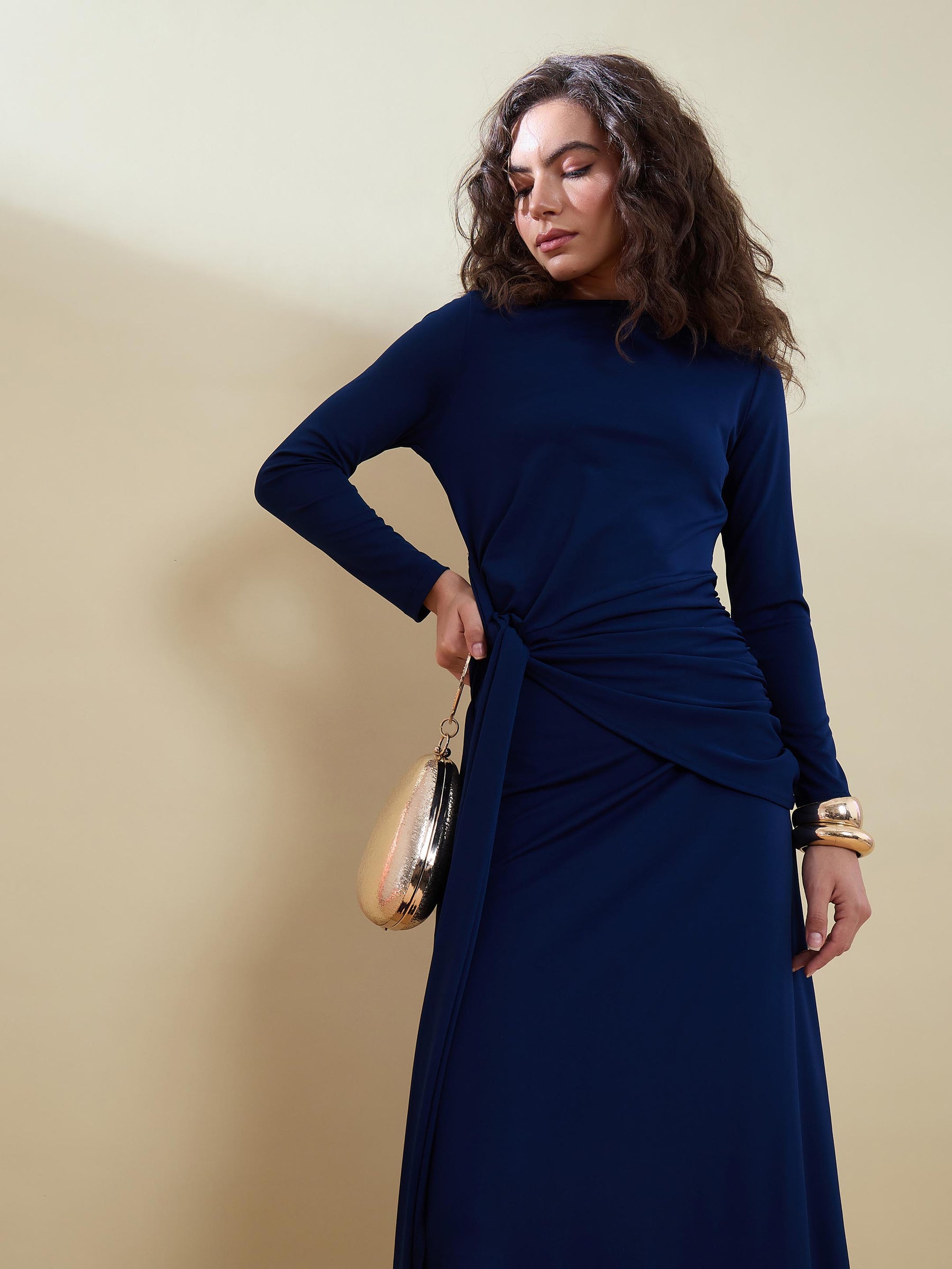 Navy Knot Front Maxi Dress-SASSAFRAS