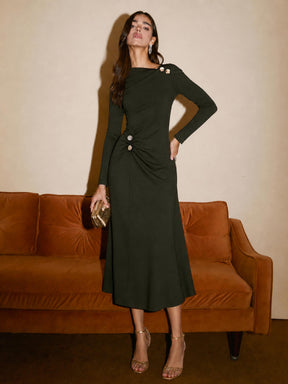 Olive Draped A-Line Midi Dress-SASSAFRAS