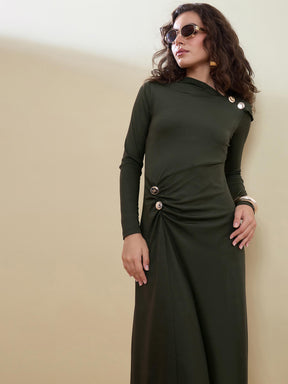 Olive Draped A-Line Midi Dress-SASSAFRAS
