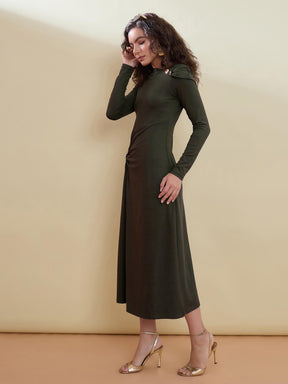 Olive Draped A-Line Midi Dress-SASSAFRAS
