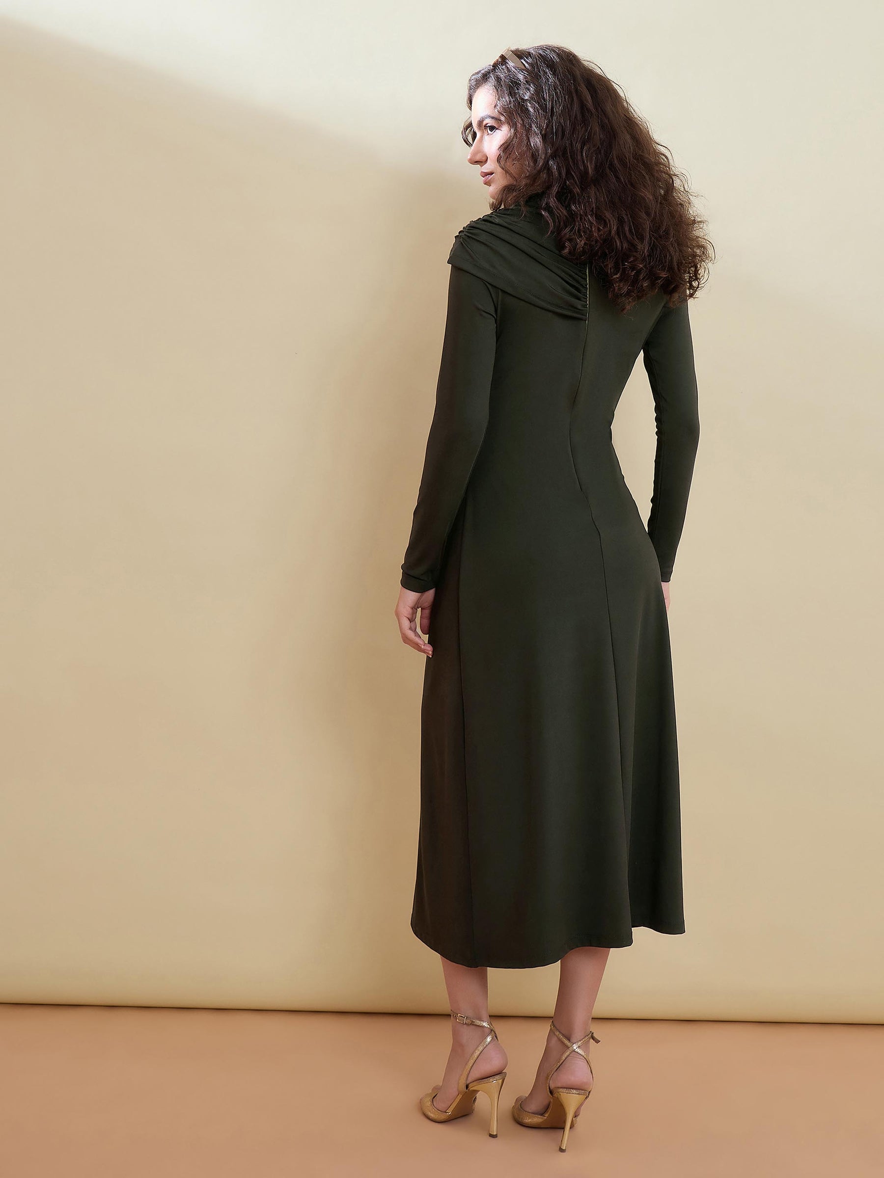Olive Draped A-Line Midi Dress-SASSAFRAS