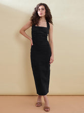 Black Denim Halter Bodycon Midi Dress-SASSAFRAS