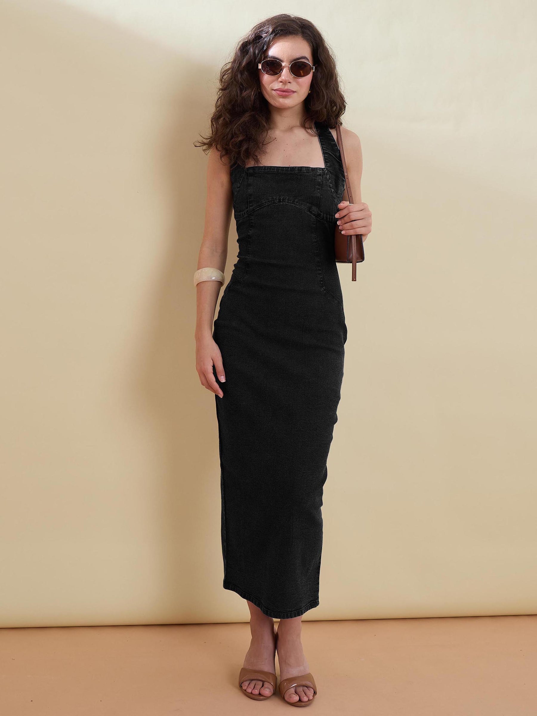 Black Denim Halter Bodycon Midi Dress-SASSAFRAS