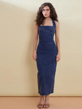 Blue Blast Denim Halter Bodycon Midi Dress-SASSAFRAS