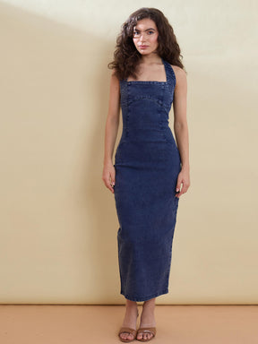 Blue Blast Denim Halter Bodycon Midi Dress-SASSAFRAS