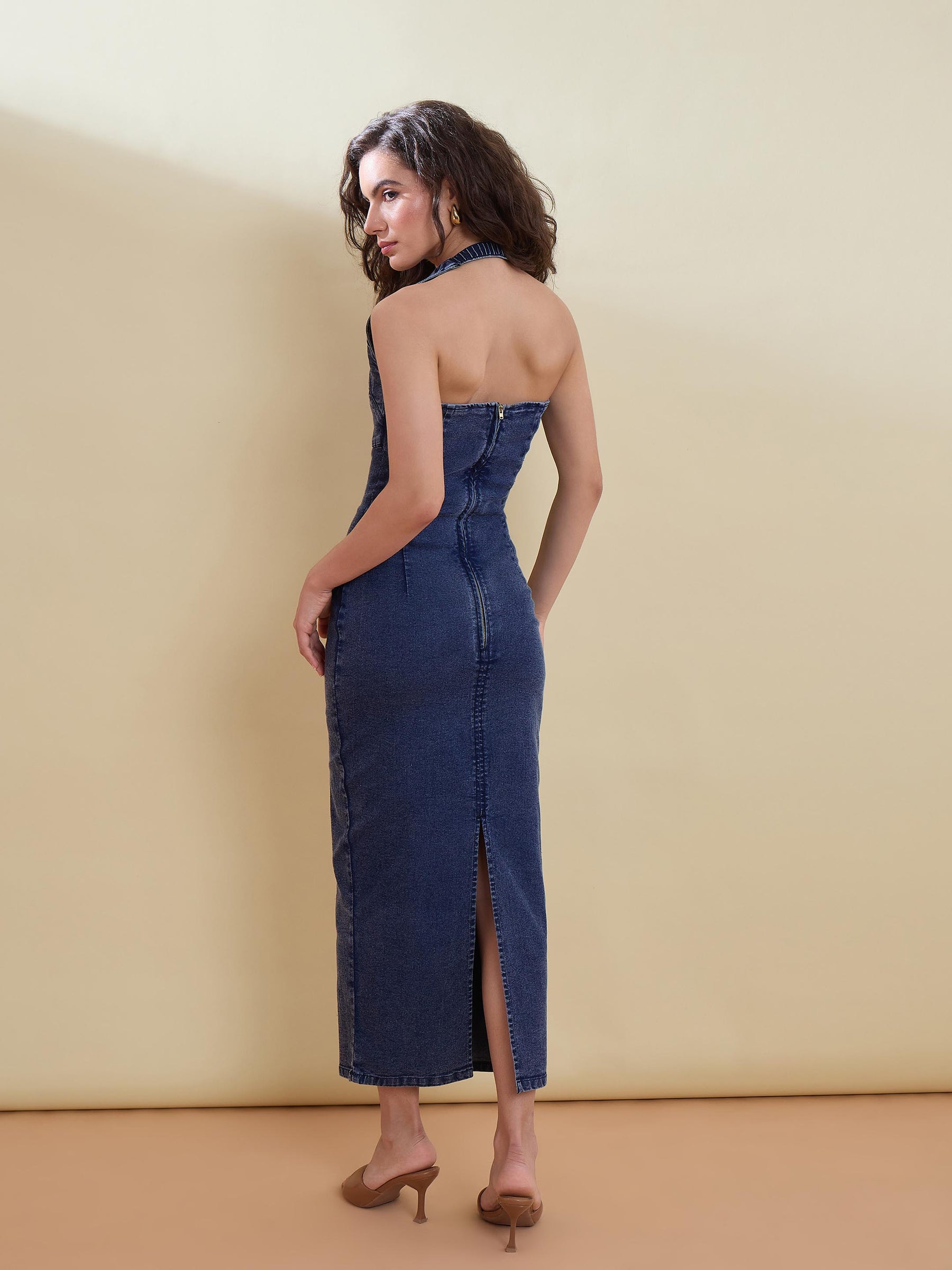 Blue Blast Denim Halter Bodycon Midi Dress-SASSAFRAS
