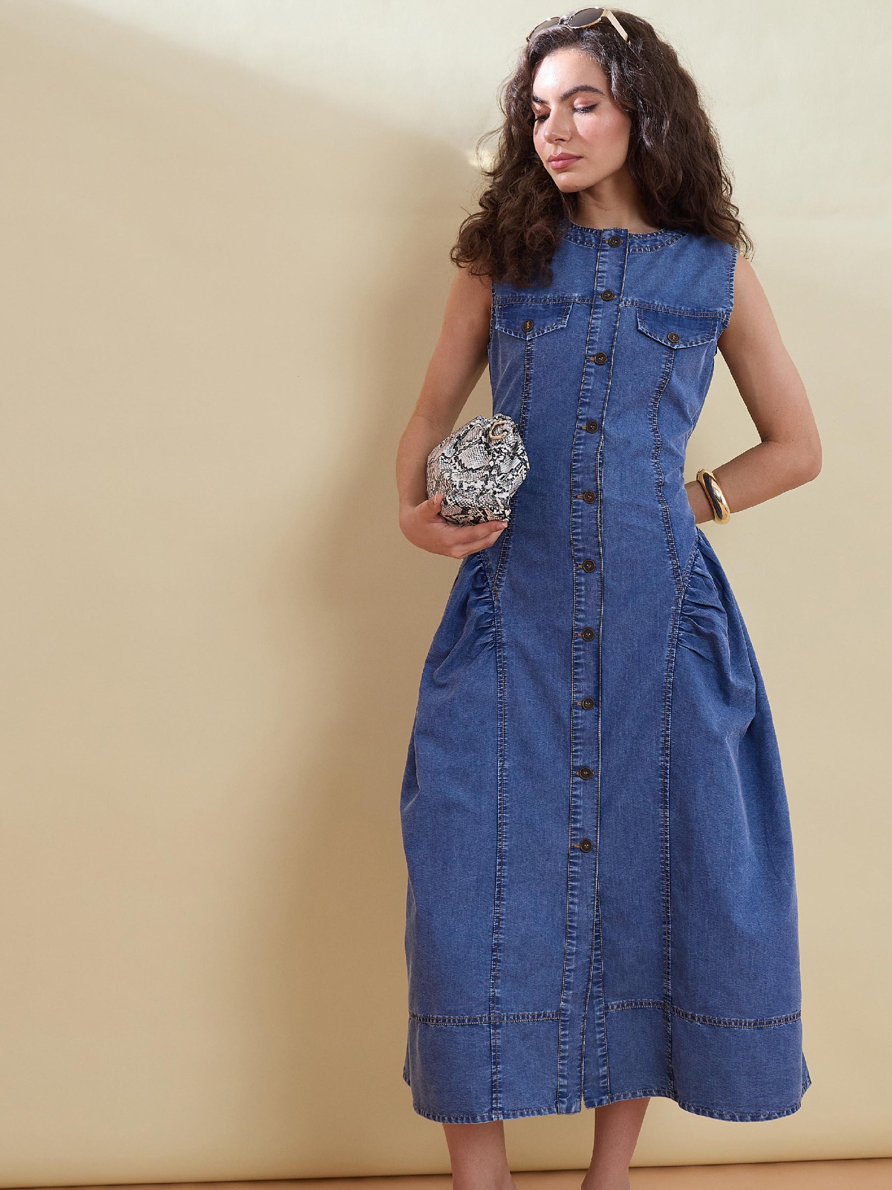 Tencel Blue Button Front Gathered Midi Dress-SASSAFRAS