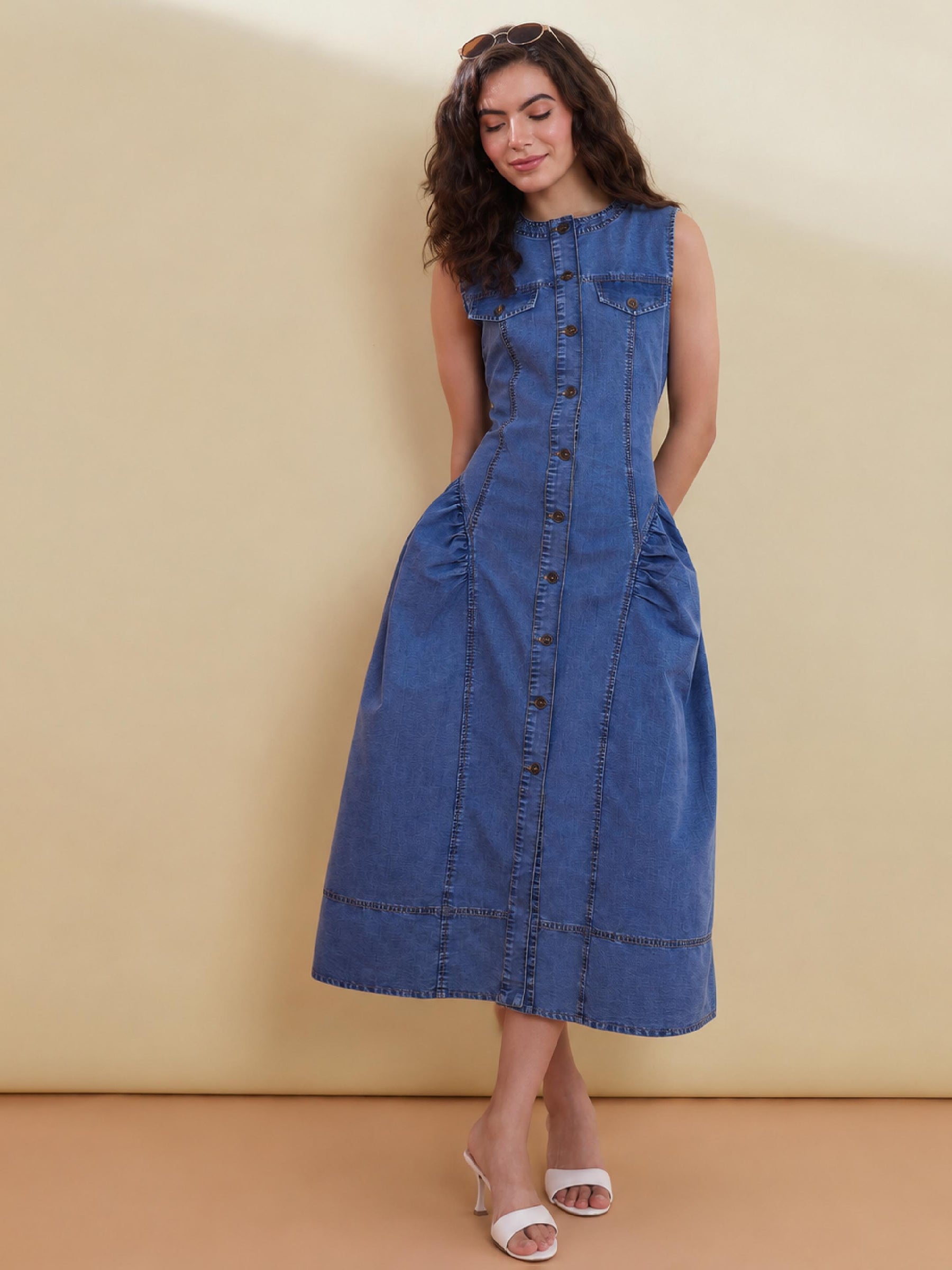 Tencel Blue Button Front Gathered Midi Dress-SASSAFRAS