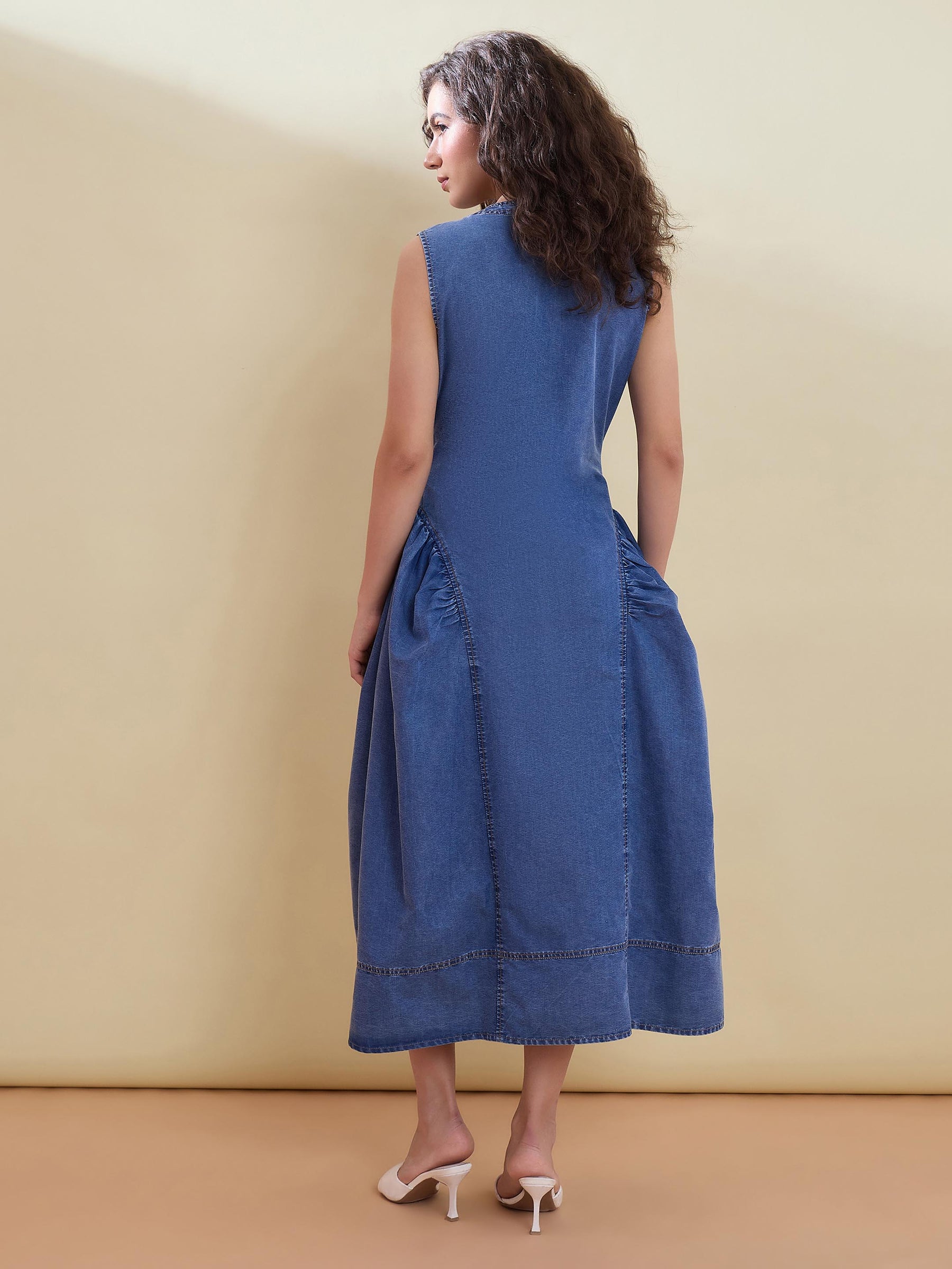Tencel Blue Button Front Gathered Midi Dress-SASSAFRAS