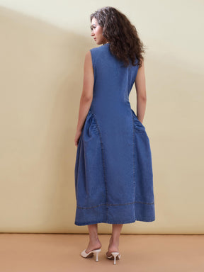 Tencel Blue Button Front Gathered Midi Dress-SASSAFRAS