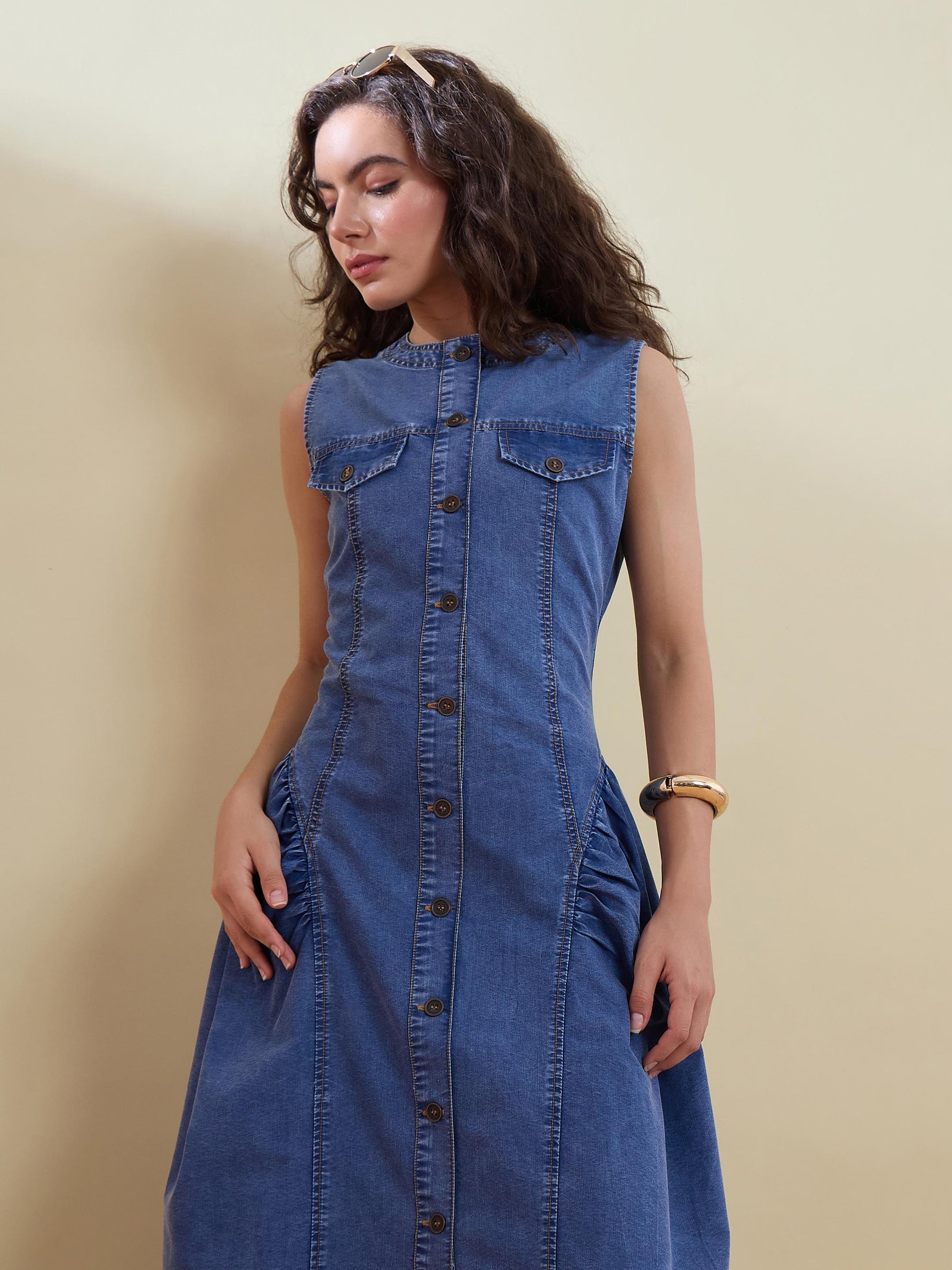 Tencel Blue Button Front Gathered Midi Dress-SASSAFRAS
