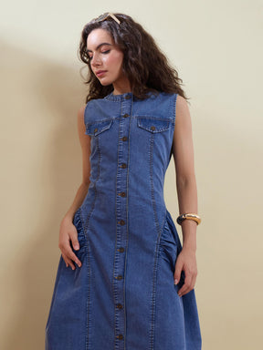 Tencel Blue Button Front Gathered Midi Dress-SASSAFRAS
