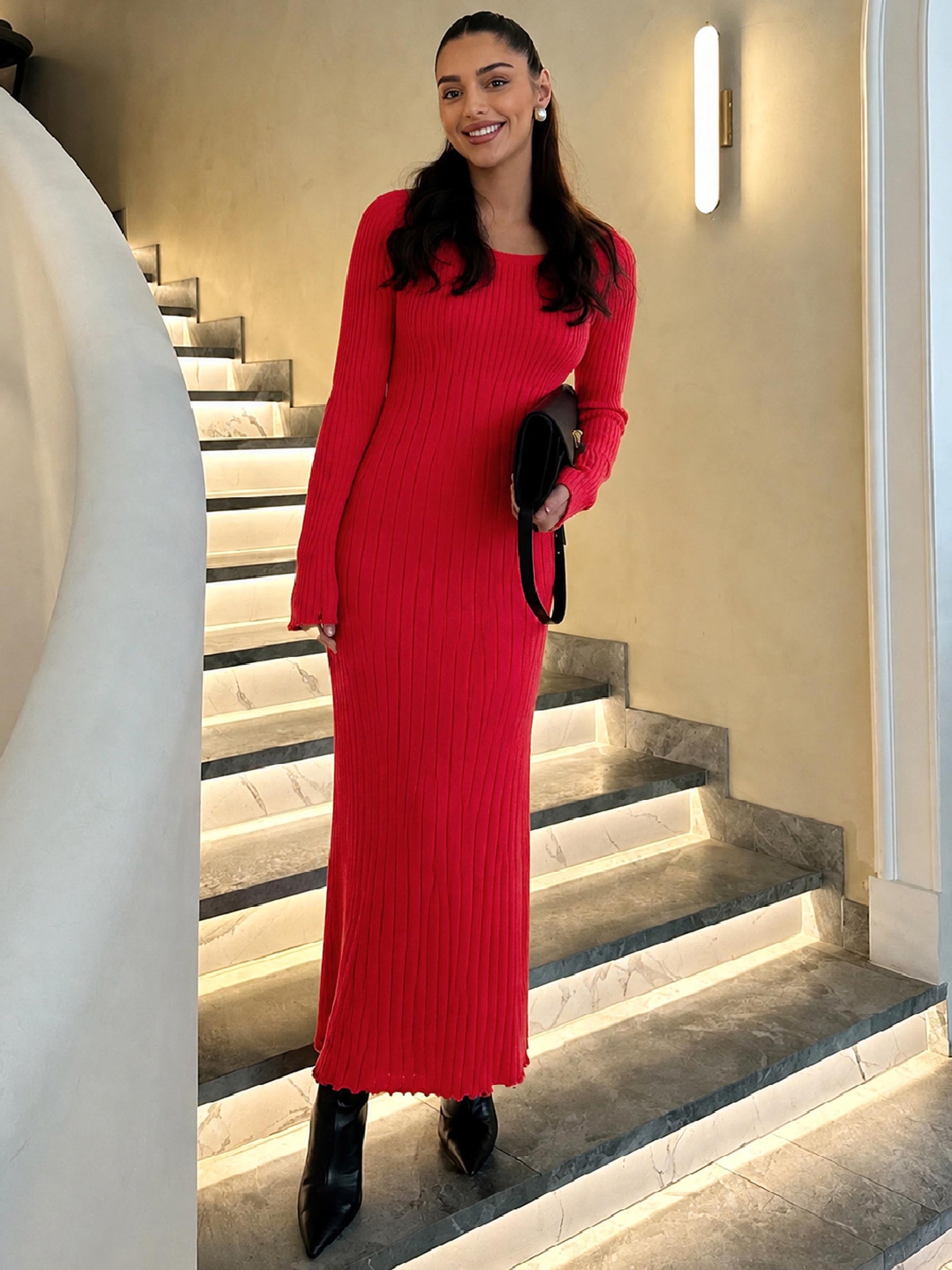 Red Midi Sweater Jumper Dress -SASSAFRAS