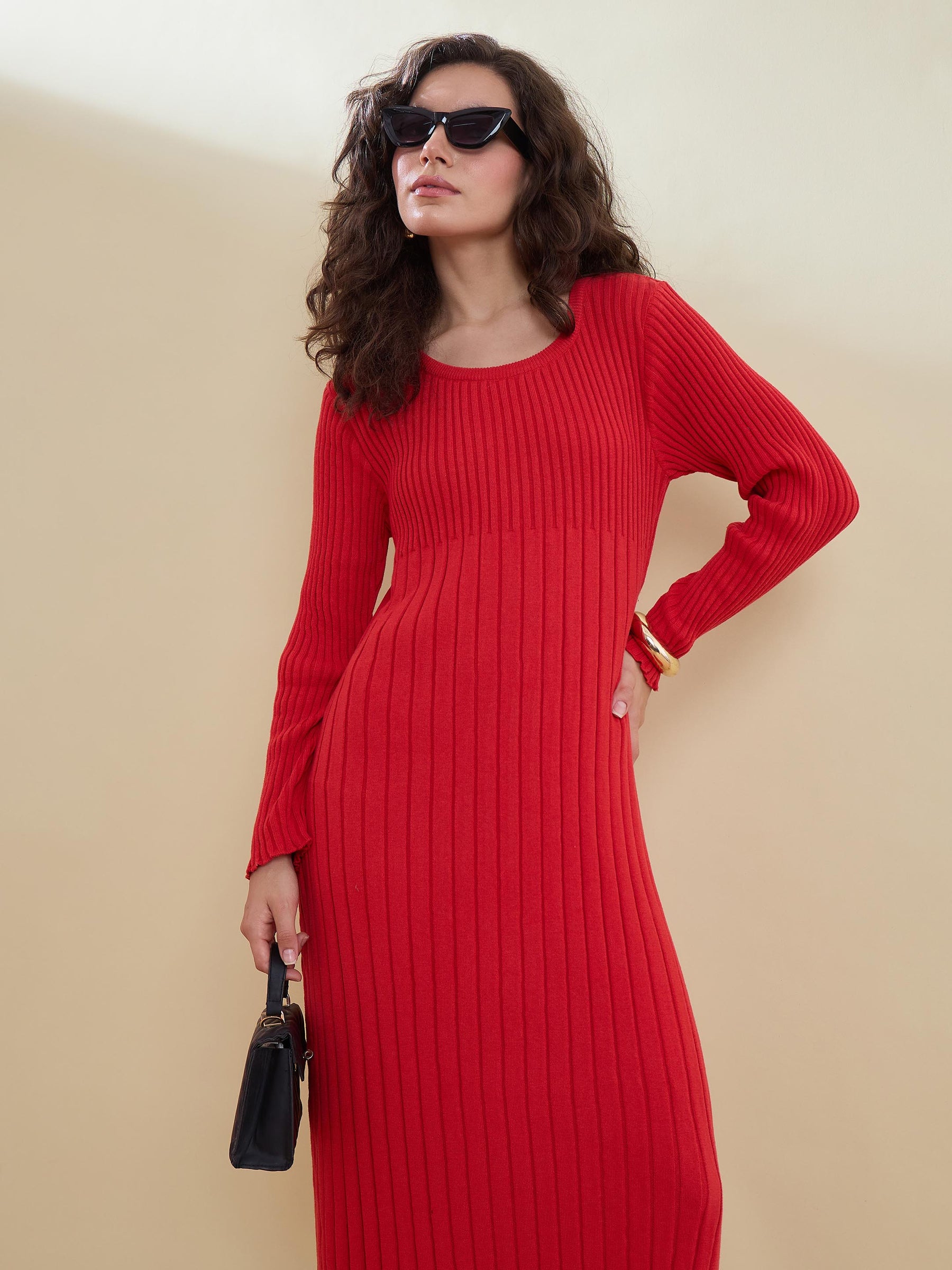 Red Midi Sweater Jumper Dress -SASSAFRAS