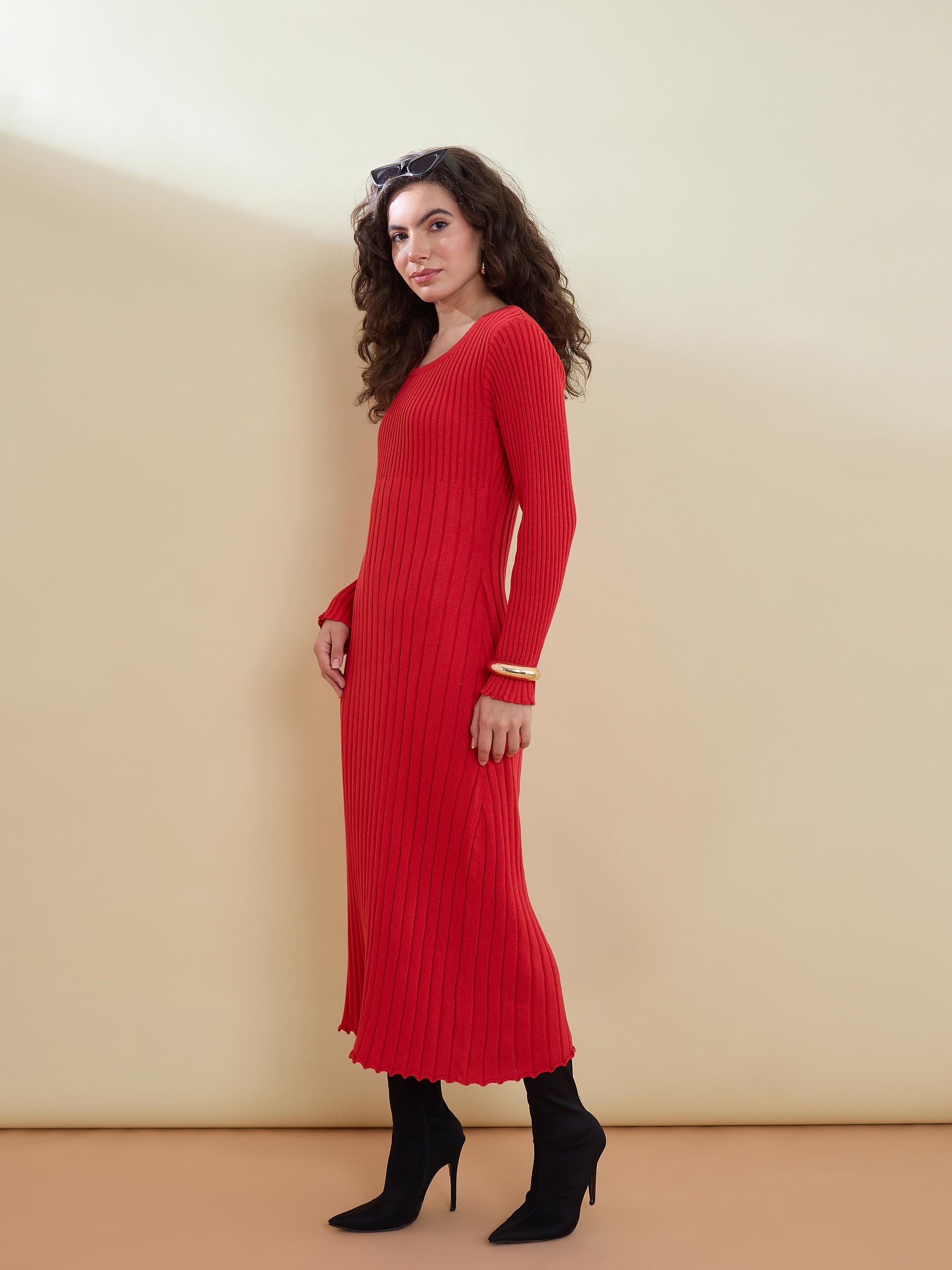 Red Midi Sweater Jumper Dress -SASSAFRAS