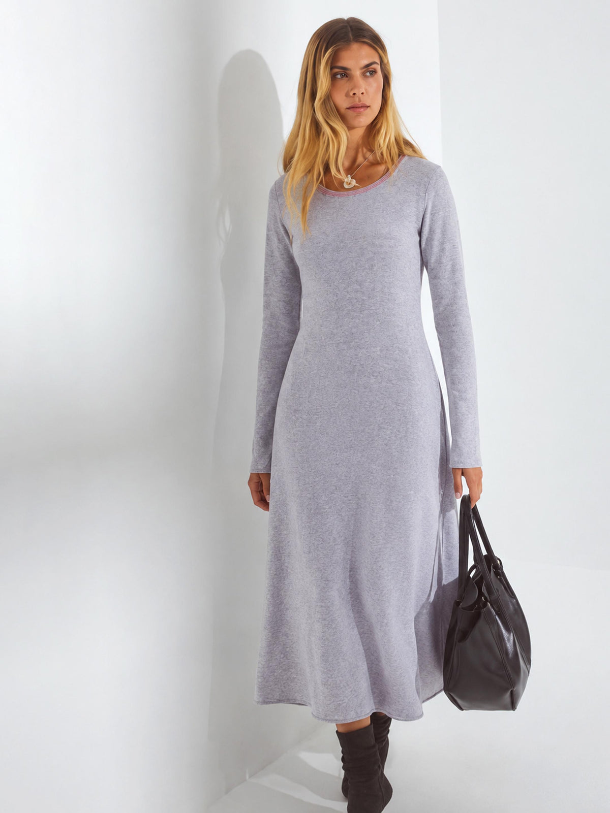 Grey Contrast Neck Midi Sweater Jumper Dress-SASSAFRAS