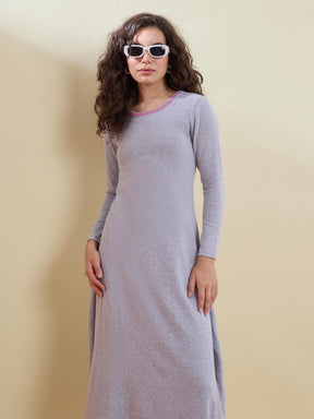 Grey Contrast Neck Midi Sweater Jumper Dress-SASSAFRAS
