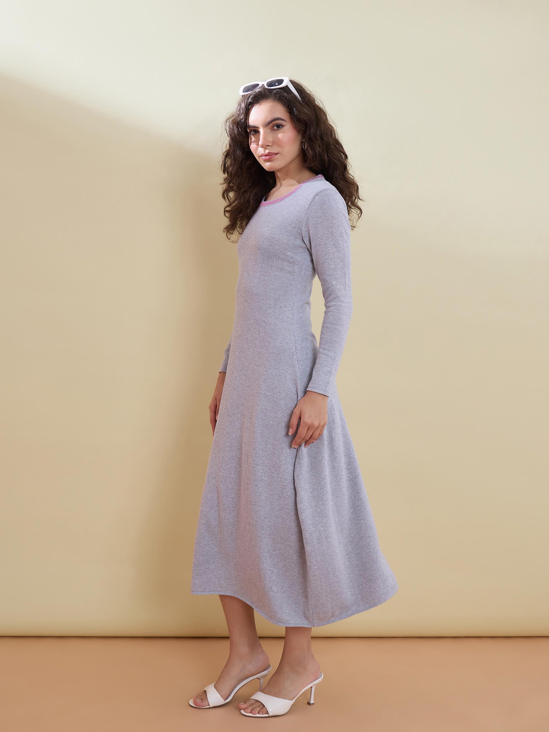 Grey Contrast Neck Midi Sweater Jumper Dress-SASSAFRAS