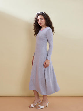 Grey Contrast Neck Midi Sweater Jumper Dress-SASSAFRAS