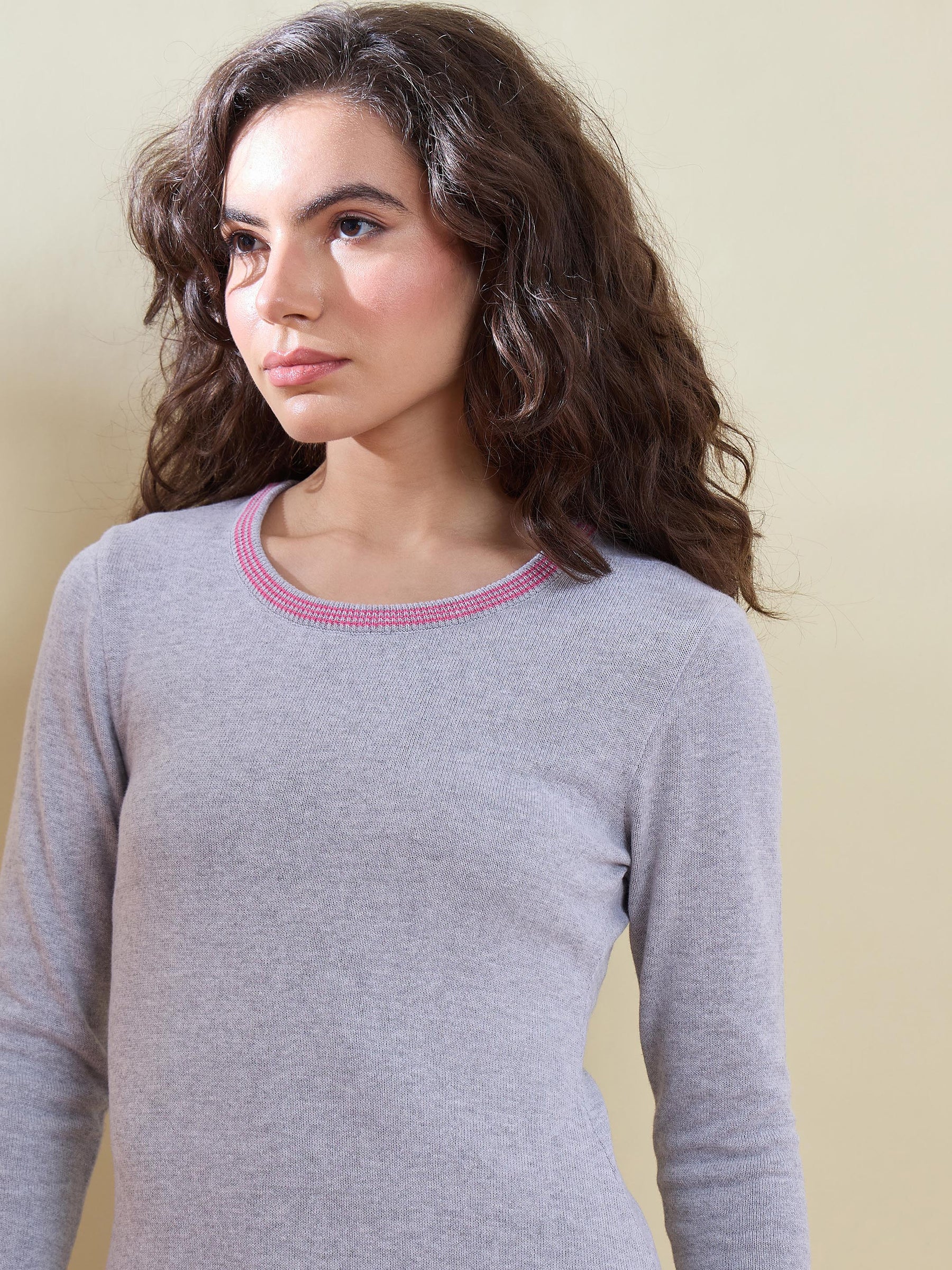 Grey Contrast Neck Midi Sweater Jumper Dress-SASSAFRAS