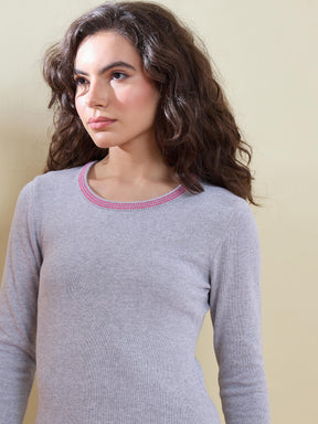 Grey Contrast Neck Midi Sweater Jumper Dress-SASSAFRAS