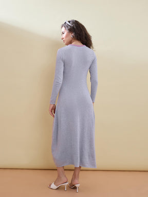 Grey Contrast Neck Midi Sweater Jumper Dress-SASSAFRAS