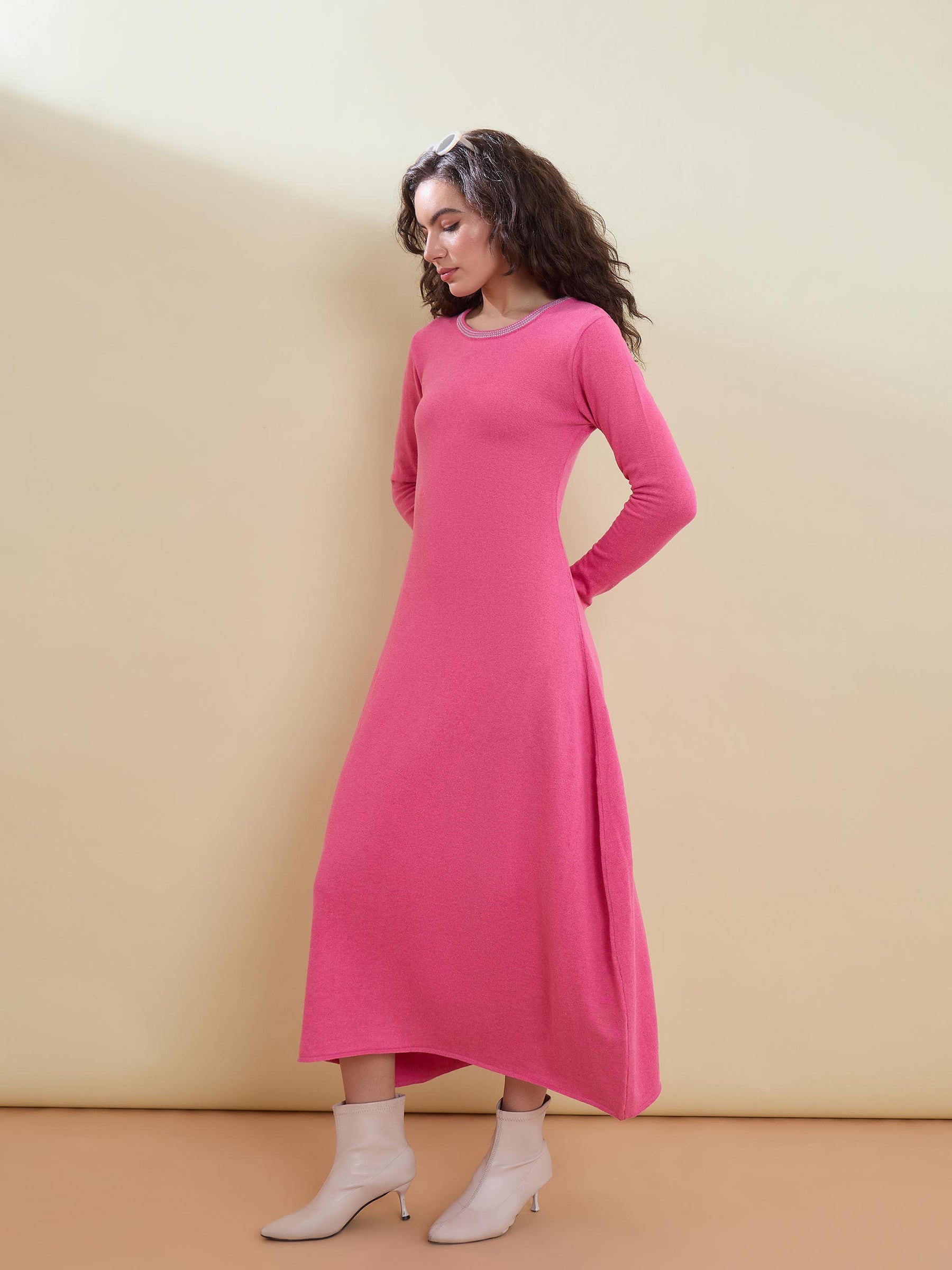 Pink Contrast Neck Midi Sweater Jumper Dress-SASSAFRAS